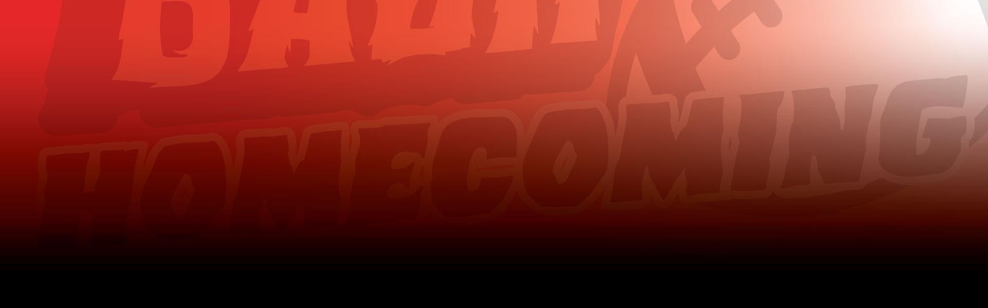 the "home coming" text on red & black gradient background banner