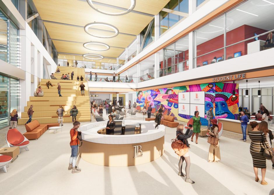 Interior elevation, lobby floor level with focus on reception desk and Student Life center. Adjacent programs include, Interior Dining and Game Room.