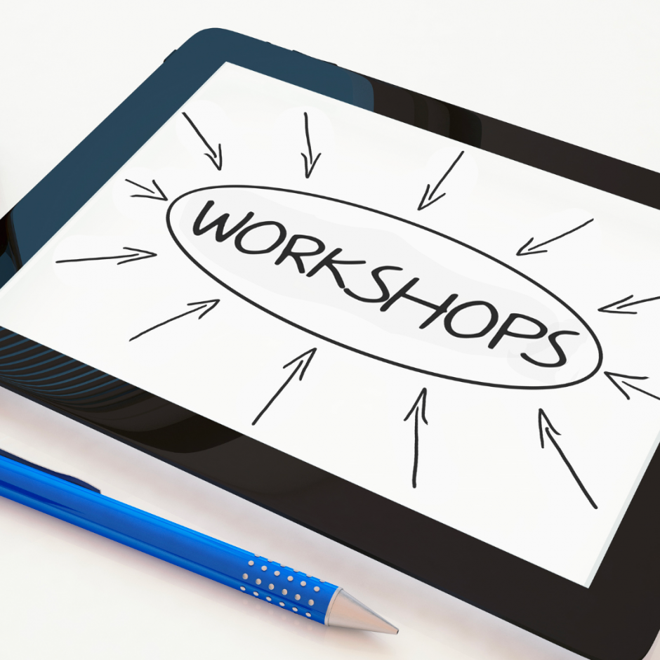 "Workshop" sign on a tablet