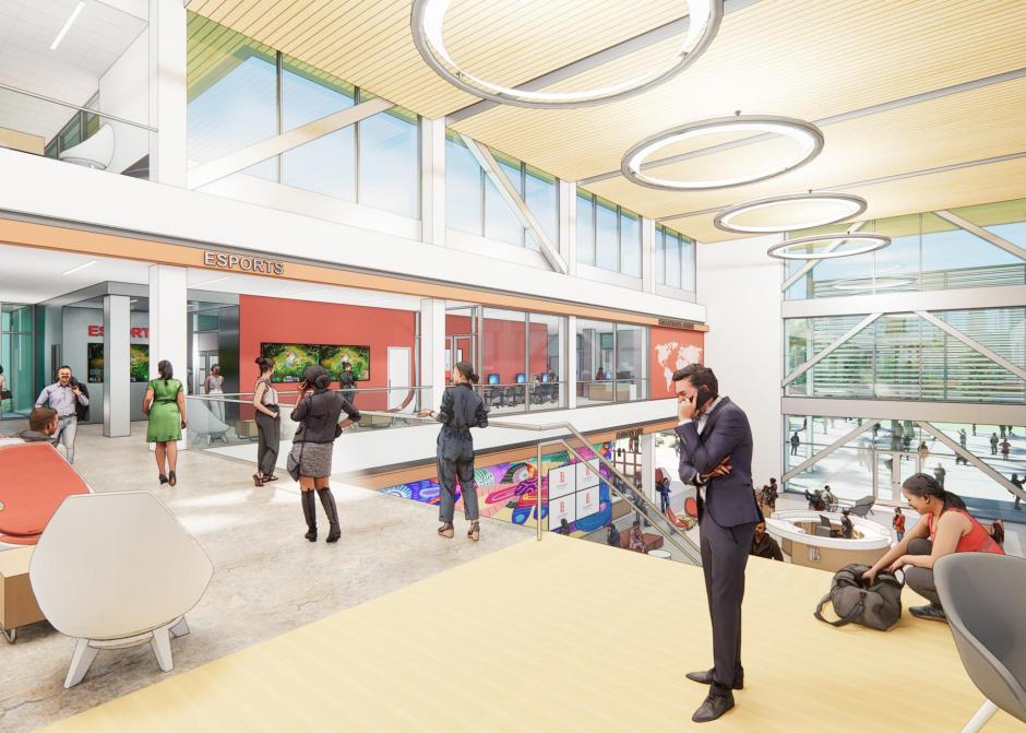 Interior rendering from 2nd level Active space. Adjacent programs include Student Affairs office and Social Justice, Intercultural Center.
