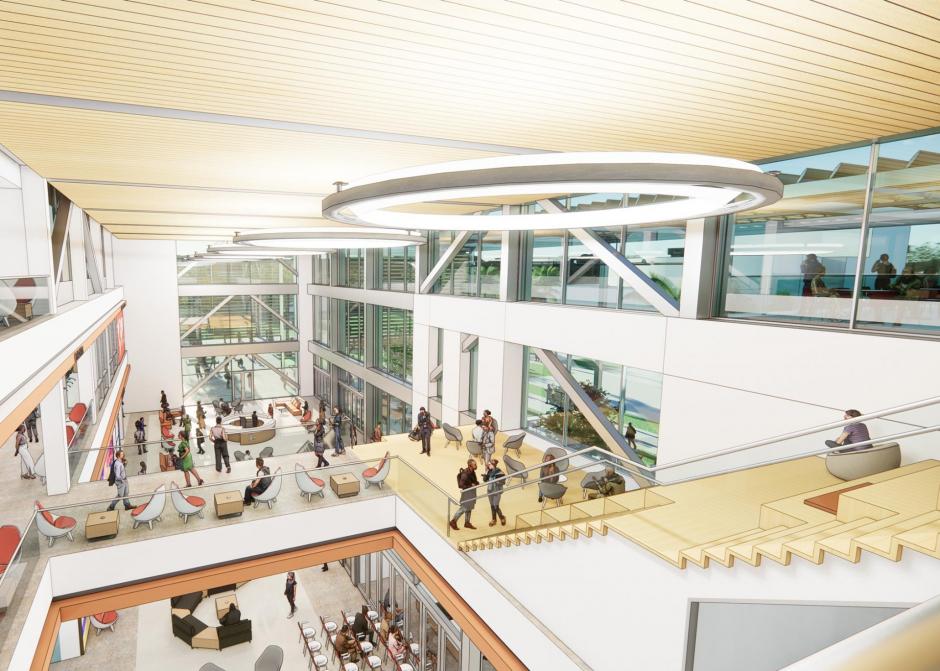 Interior rendering from 3rd level view, Images is overlooking down to lobby space. 3rd level will consist of outdoor patio area with multiple conference centers for staff use.