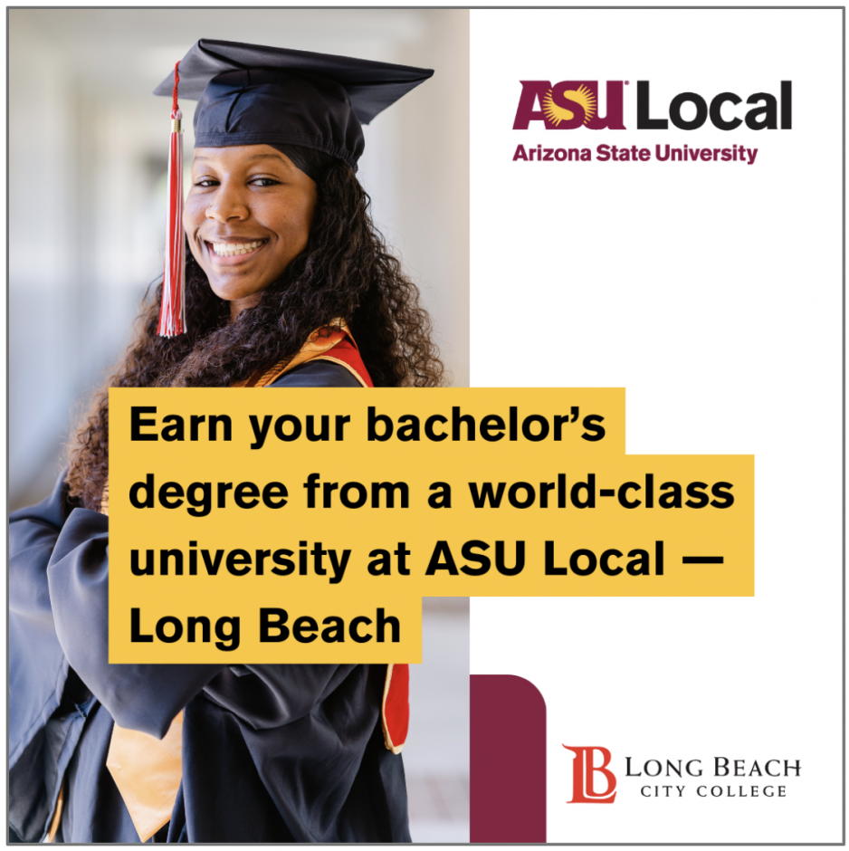 ASU Local image with text.  A Smiling African American Female Graduate 
