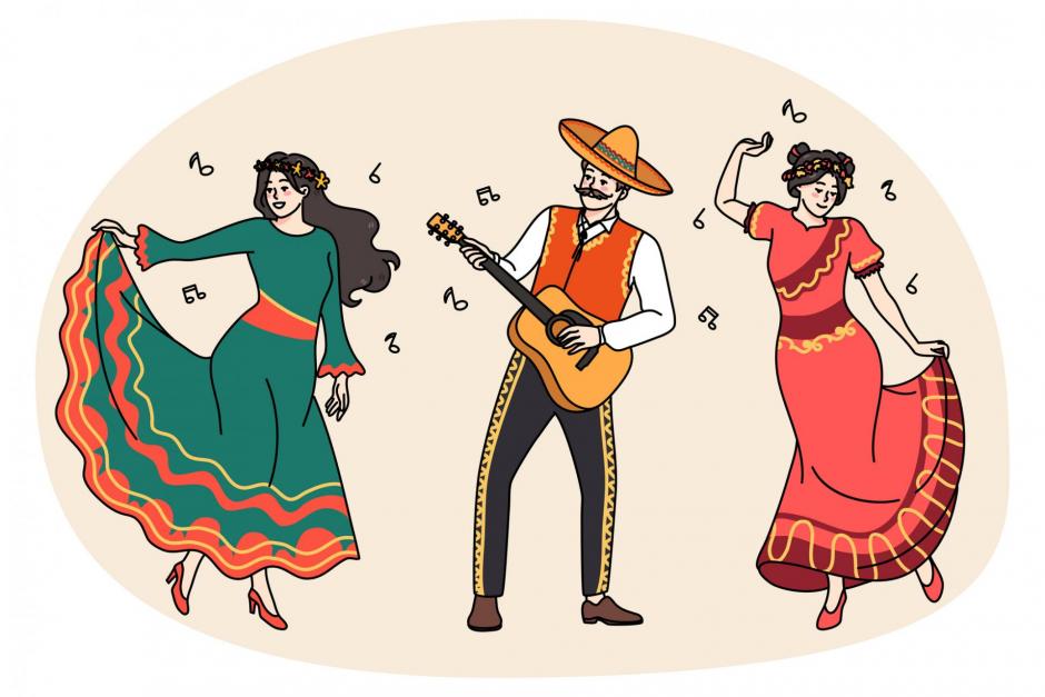 Happy men and women in traditional clothes dance together to guitar on Mexican carnival. Smiling Mexicans in costumes enjoy festive national celebration play music. Flat vector illustration.