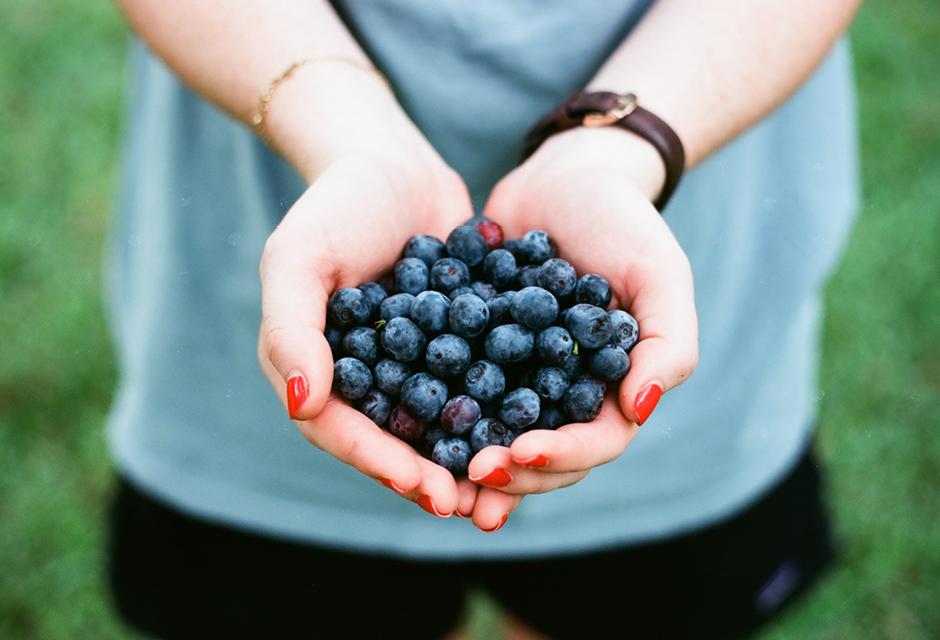 A person holding blueberries in her hand. Nutrition Wellness concept