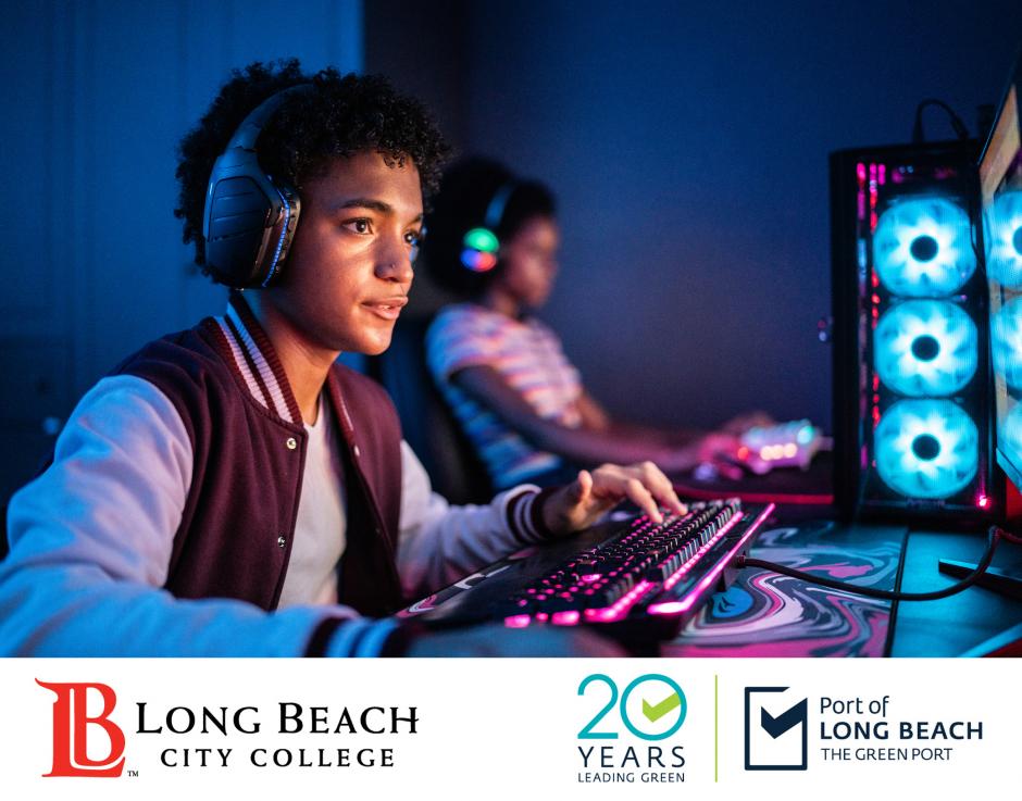 eenage boy playing on the computer - LBCC & Port of Longbeach Logos