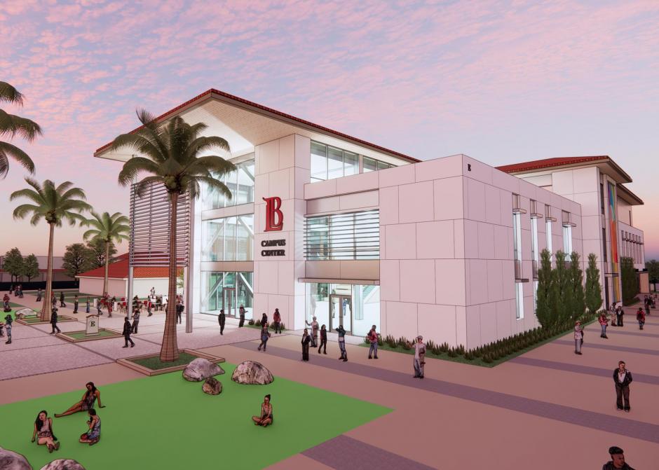 West exterior elevation with quad seating area, evening setting.