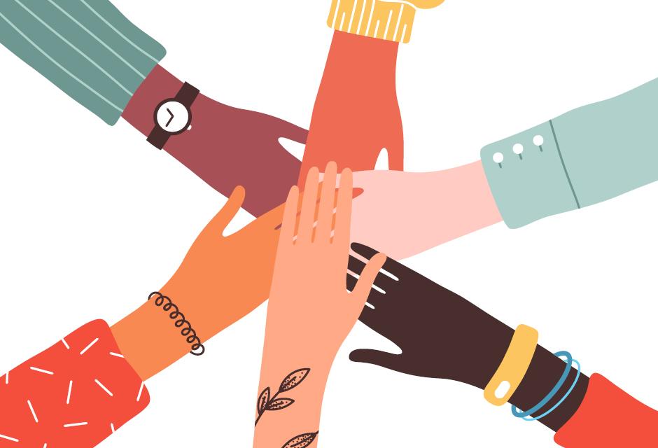 Hands of diverse group of people. Illustration of teamwork, support, cooperation, unity, girl power, social community. stock illustration.