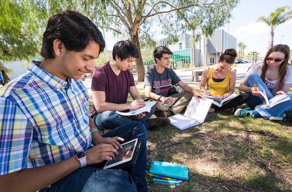 LBCC Students in diverse ethnicity hanging out on campus laughing