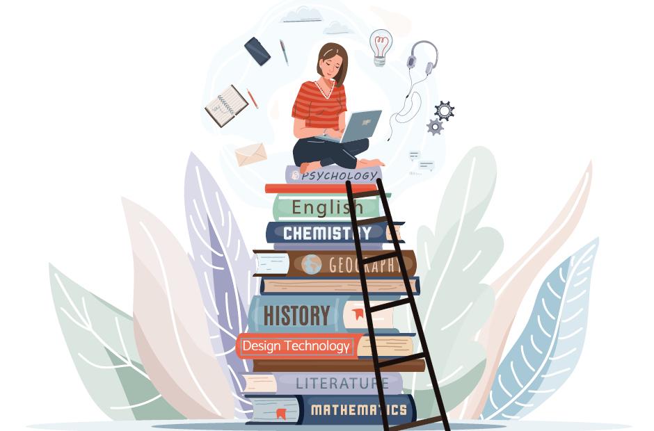 Girl sitting on pile of books with open laptop on her knees. Online library, study, e learning concept design. 