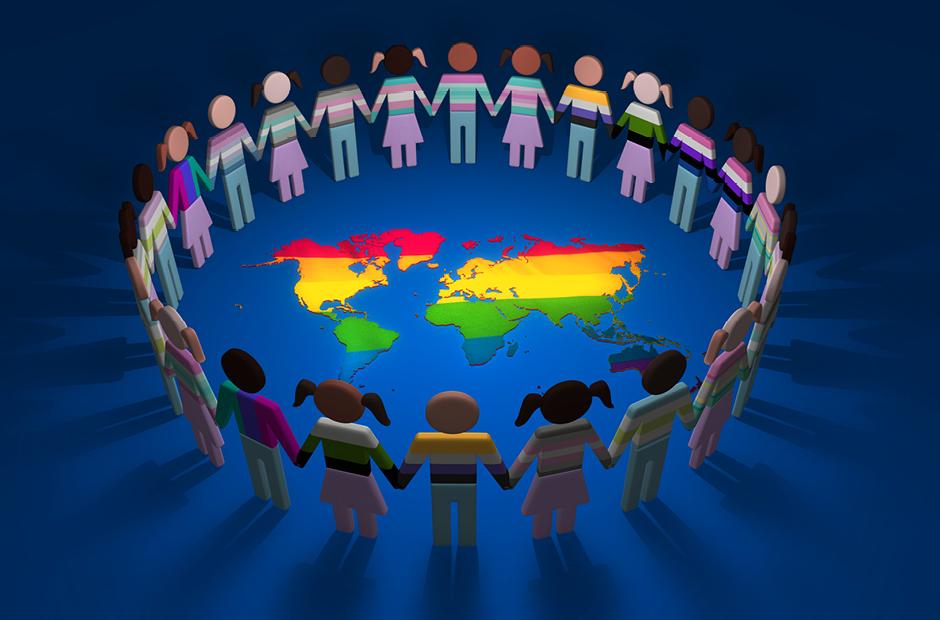 3D Cutout LGBTQ People in Silhouettes forming a Looped Circle around Blue World Map Background