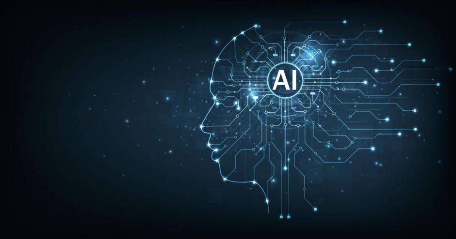 Electronic brain and Concept of artificial intelligence(AI).Graphic of a digital brain and Human head outline made from circuit board, connecting on dark blue background.