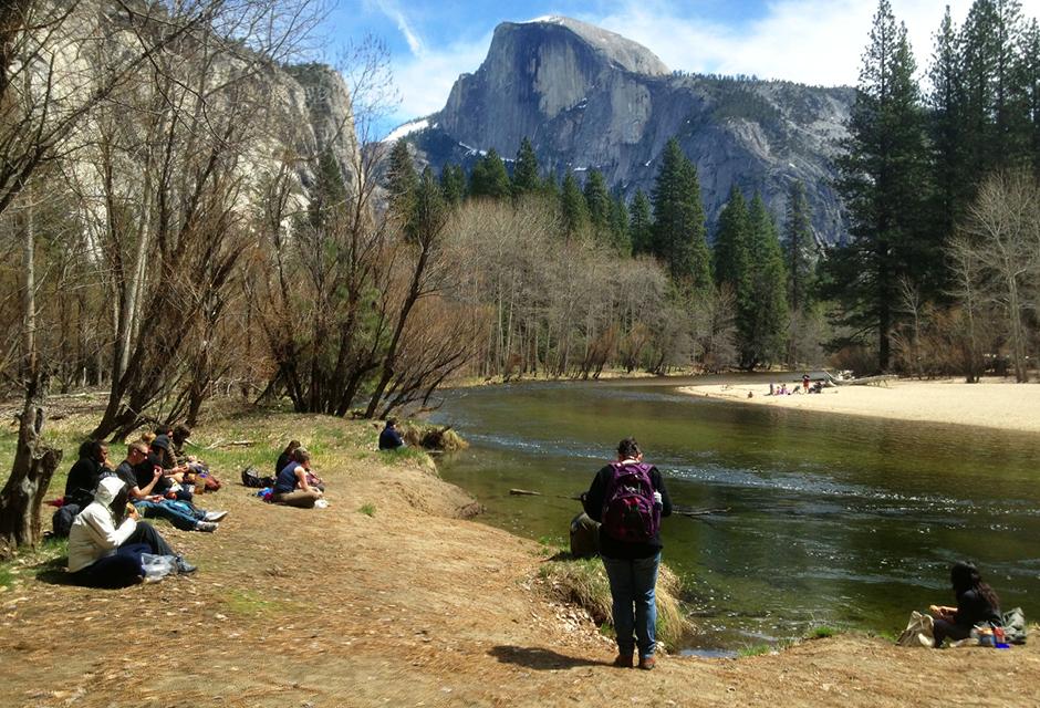 GEOL 7 Lunch break on banks of Merced River, Yosemite NP, with view of Half Dome, California