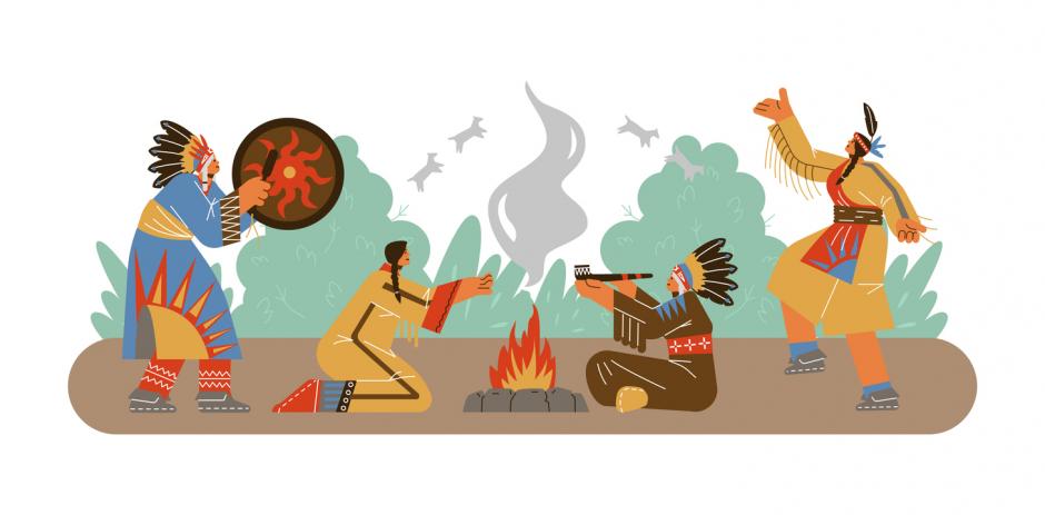 American Indians dancing and singing by the fire, flat vector illustration isolated on white background. Native American shamans in traditional clothes. People smoking ceremonial pipe.