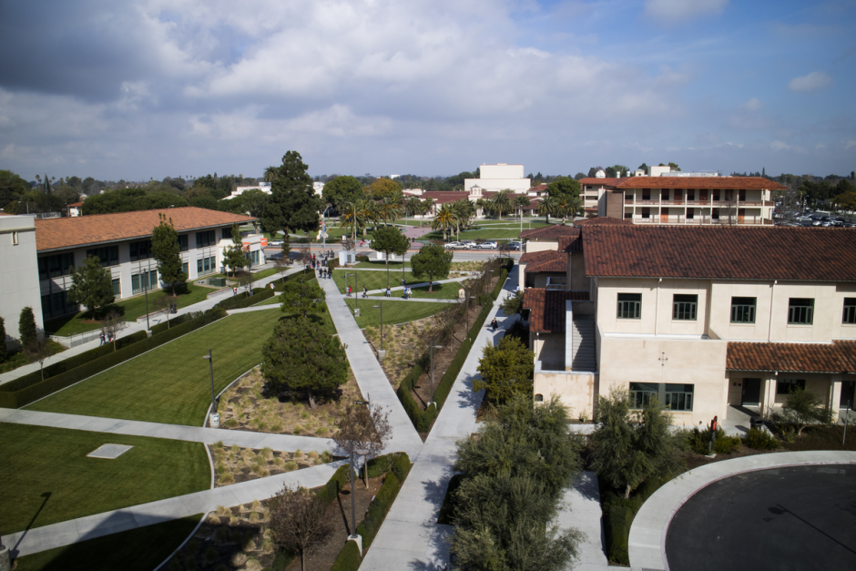 Wide shot of the campus overlooking the T and V buildings.