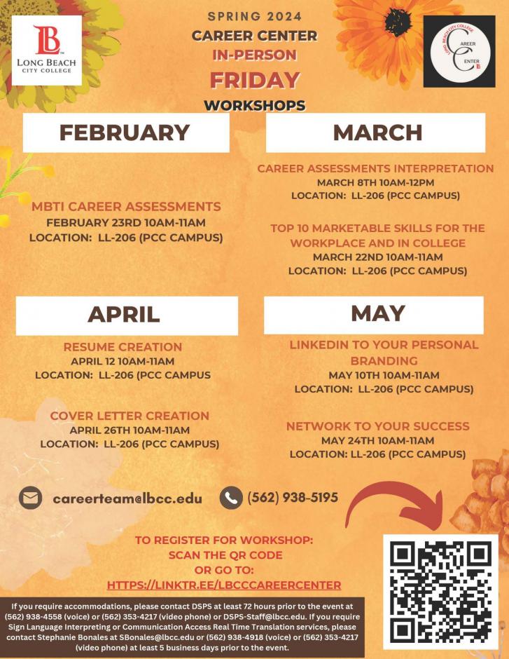 Career Center In-Person Friday Workshops Spring 2024