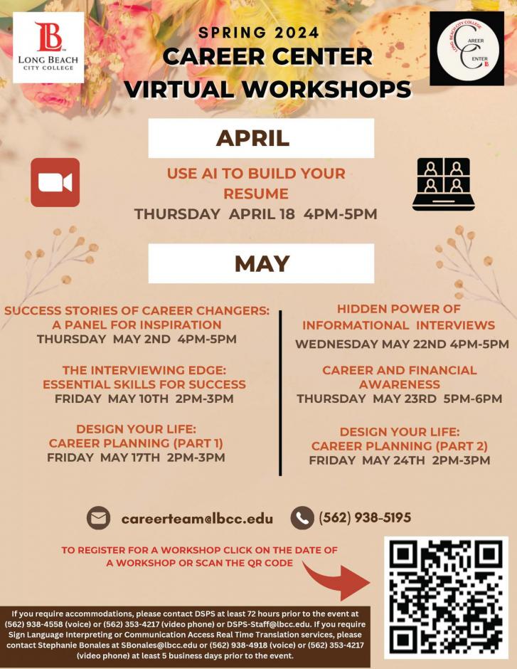 Career Cemter Virtual Workshops Spring 2024