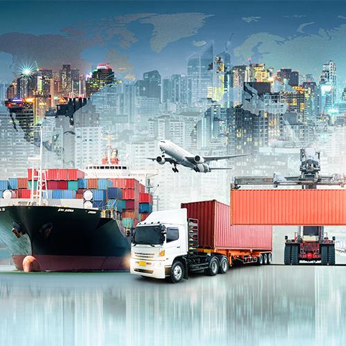 Boat with goods, train, and airplane transportation for international business
