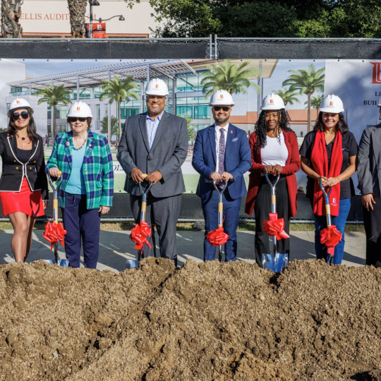LBCC leaders and Trustees, including Vice President Candace Jones, Board President Uduak-Joe Ntuk, Superintendent-President Dr. Mike Muñoz, Trustees Sunny Zia, Dr. Virginia Baxter, Dr. Ennette Morton, Vivian Malauulu, Student Trustee Elepise Leiataua, and Executive Vice President Dr. Nohel Corral, take part in the ceremonial groundbreaking for the future Building E. groundbreaking for the future Building E