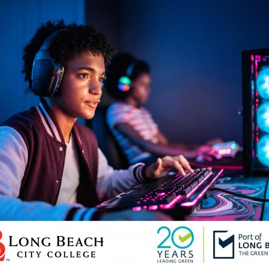 eenage boy playing on the computer - LBCC & Port of Longbeach Logos